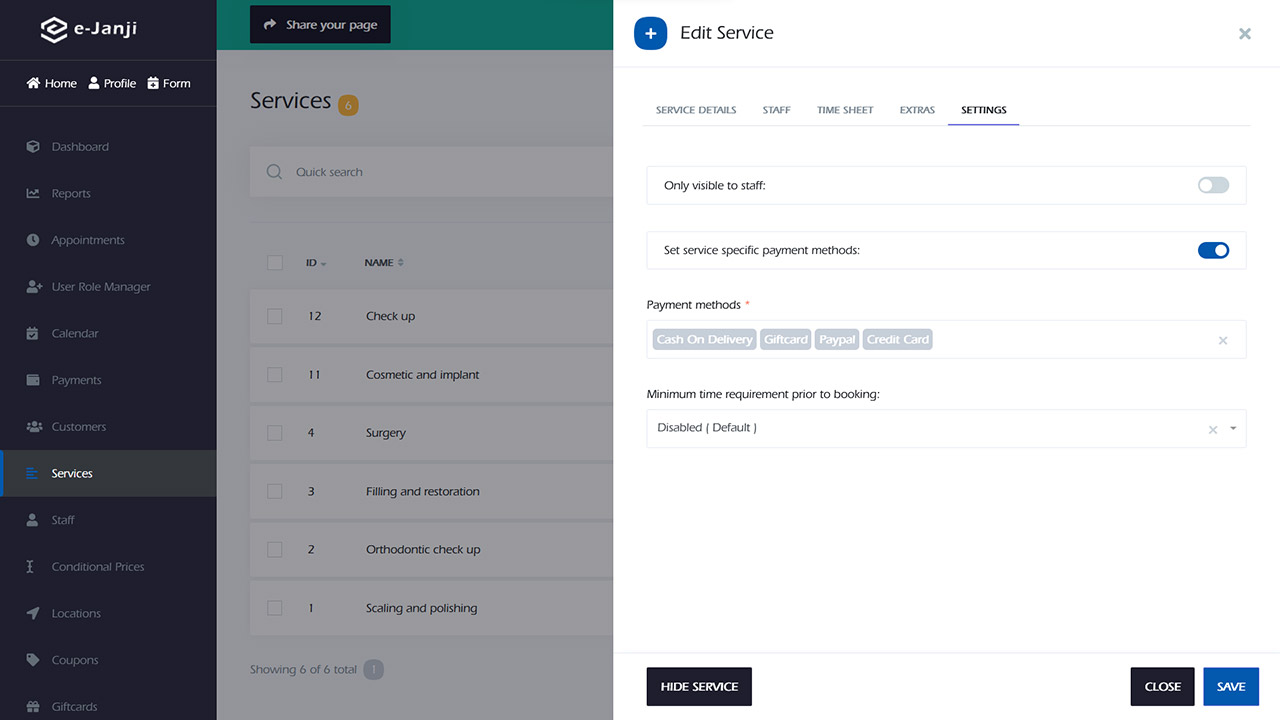 Service settings