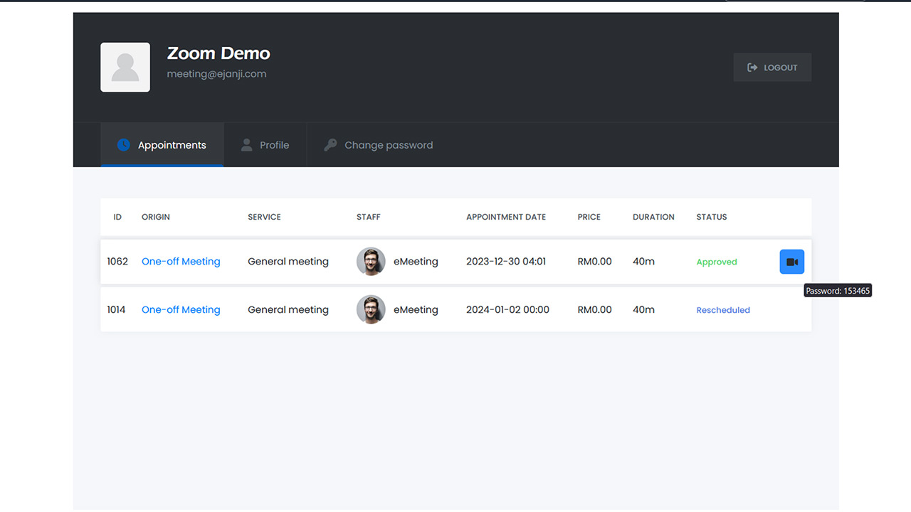 Customer dashboard Zoom