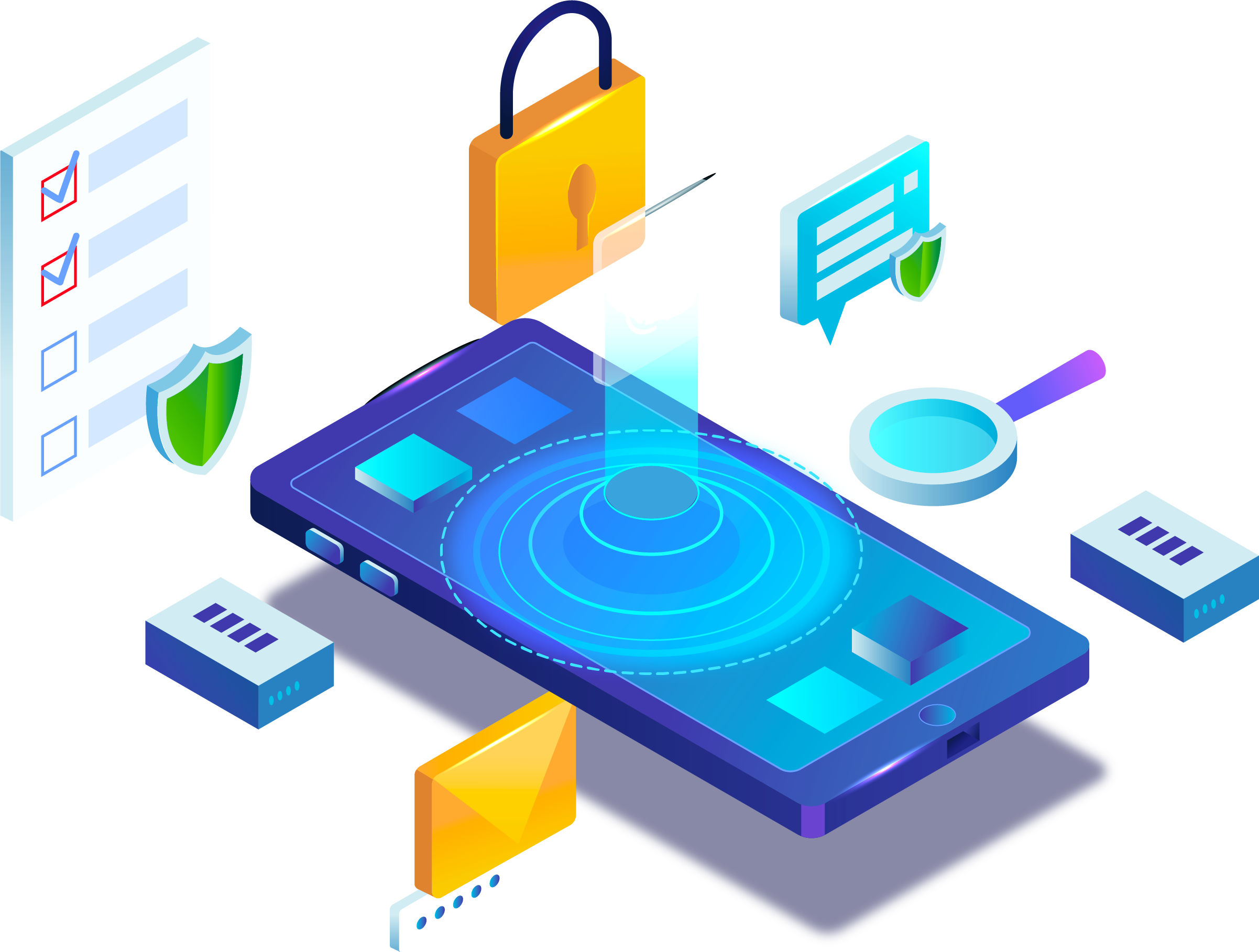 server-security Illustration of mobile security and digital communication tools